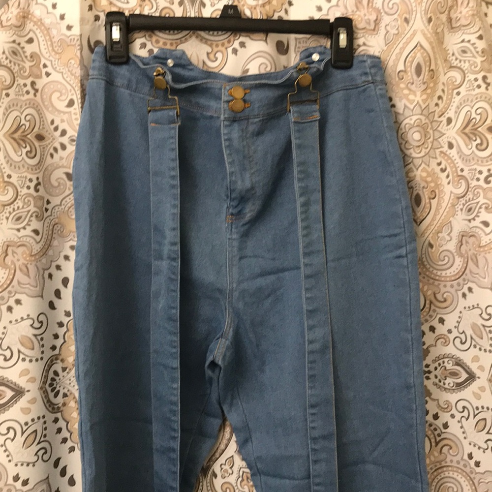 Blue jeans Bell bottom legs with suspenders